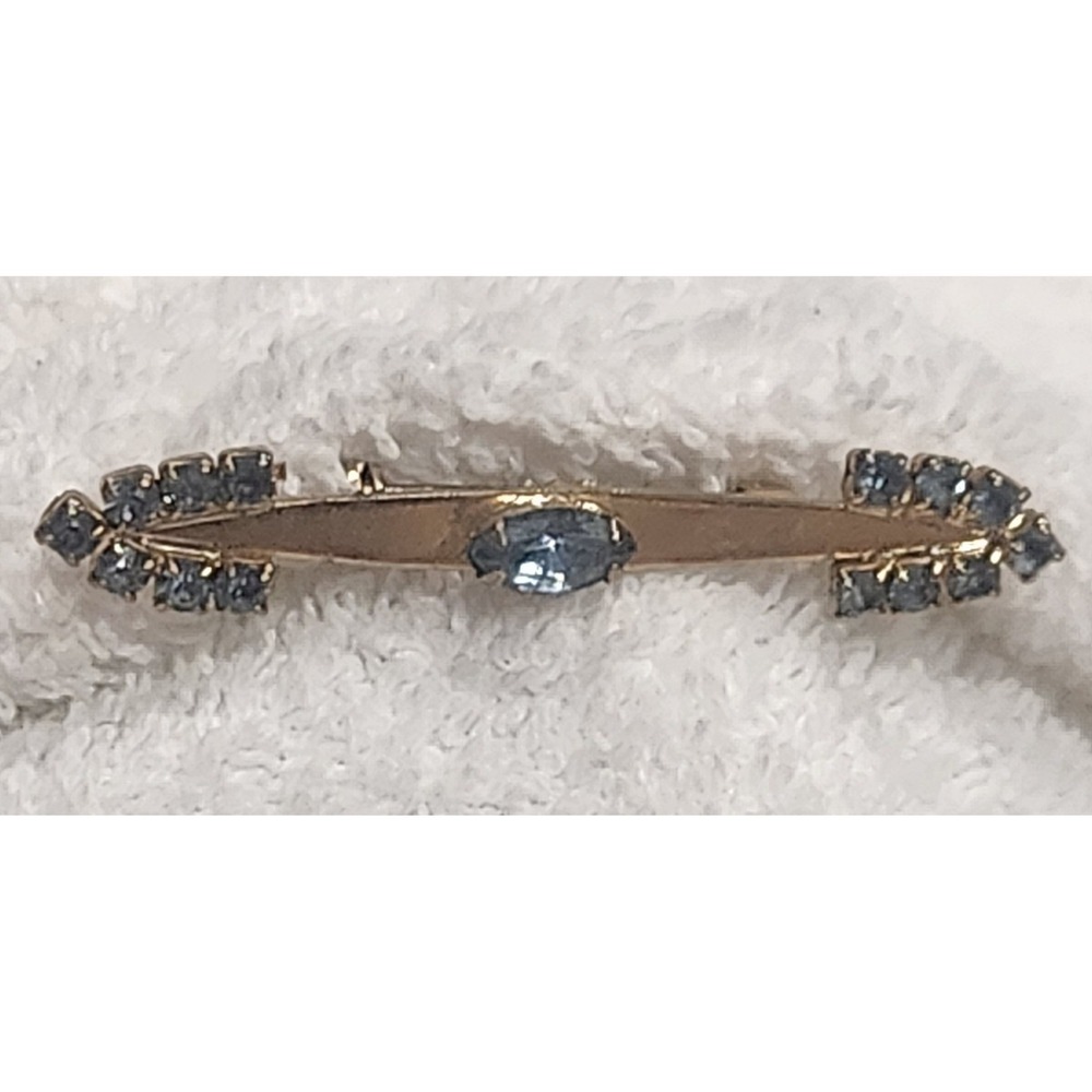 Vintage Gold Tone‎ Blue Rhinestone Bar Brooch Pin Marquise Accent Mid Century